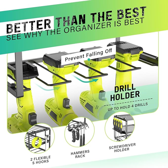 SUNALLY Power Tool Organizer, Heavy Duty Iron, 3 Layers Storage Rack with 4 Drill Holders, Floating Tool Shelf Wall Mounted, Matte Black, Work Shop, Garage, 150Lbs Load Capacity