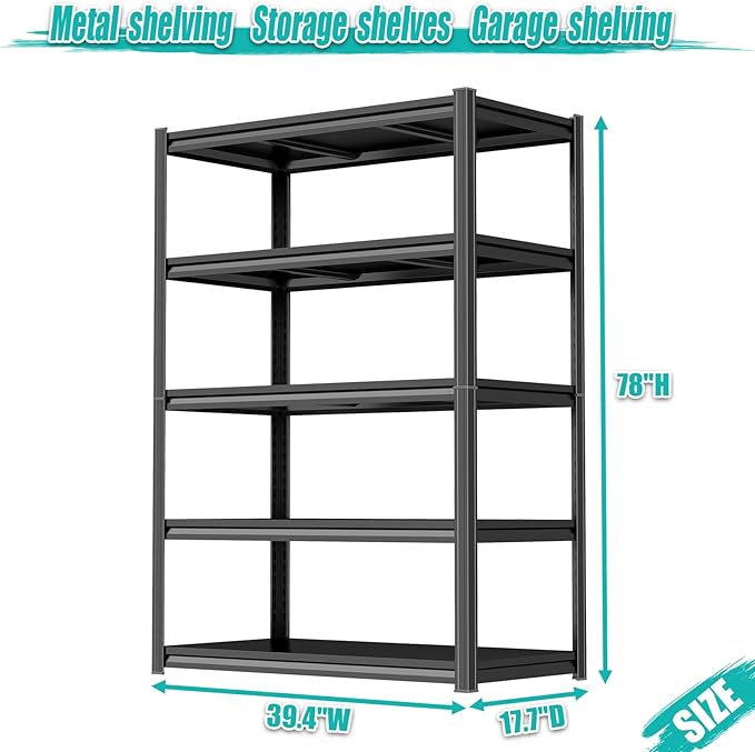 PRESTELION 78" H Garage Shelving 5 Tier Storage Shelves Adjustable Metal Shelving Unit 3500 LBS Heavy Duty Steel Shelf for Kitchen Warehouse Pantry Basement, 78" H x 40" W x 18" D, Black