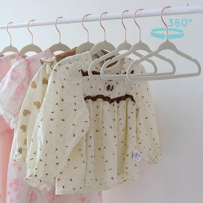 Tonswachic 50-Pack 11 Inch Baby Closet Hangers with 10 Clips - Soft Velvet Non-Slip Hangers for Infant & Toddler Clothes (Beige)