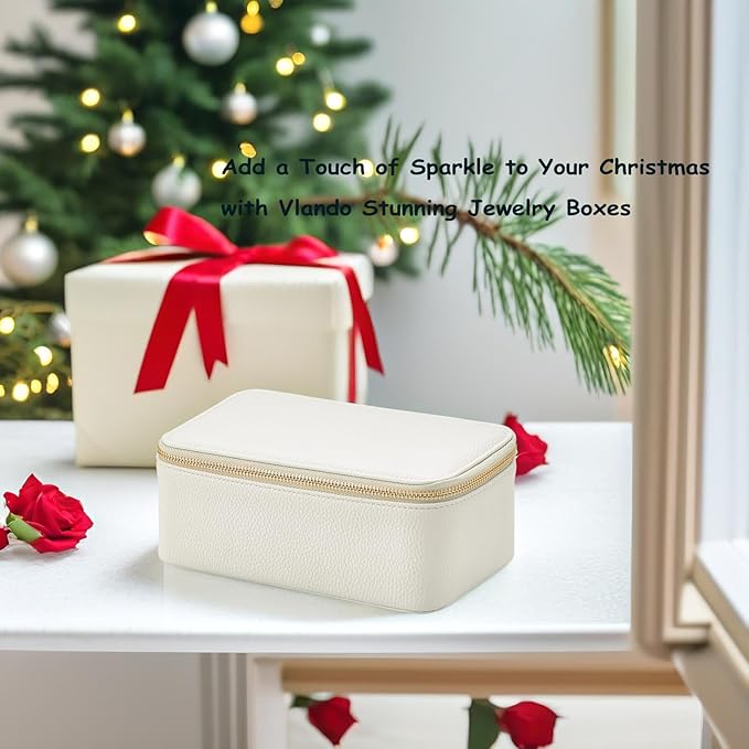 VLANDO Travel Jewelry Box Organizer – Portable PU Leather Jewelry Case with 6/8/12 Zippered Pouches, Compact Storage for Earrings Rings Necklaces Bracelets, Offwhite