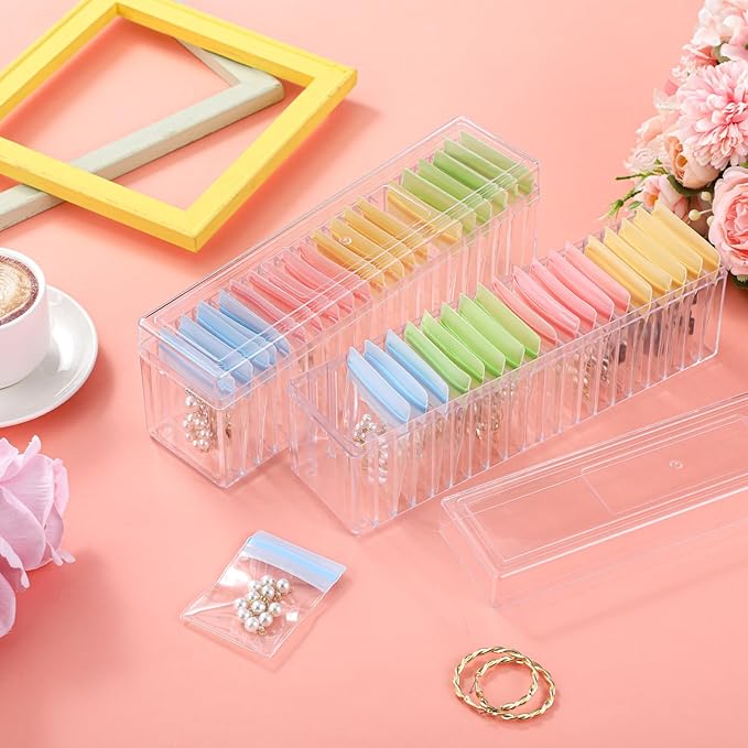 Kenning 42 Pcs Acrylic Jewelry Case Organizer, Clear Jewelry Organizers Holder with Portable Anti Tarnish Storage Bags for Rings, Earrings, Necklaces, Ideal Gifts for Women (Four Color Mixture)