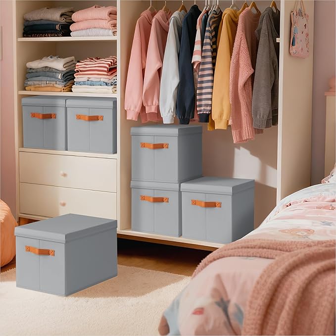 Homsorout Storage Bins with Lids - Fabric Storage Baskets for Shelves, 4 Pack Foldable Decorative Boxes with Handles, Stackable Organizer Bins for Home, Nursery, Dorm, Grey