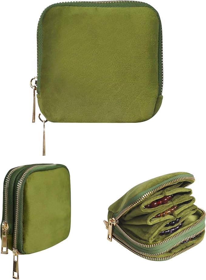 Stratalife Travel Jewelry Case Organizer 2-Layer Compact Storage Bag for Rings Earrings Necklace Bracelet Portable Velvet Jewelry Pouch with Zippers Accessories Travel Essential Gift for Women Green