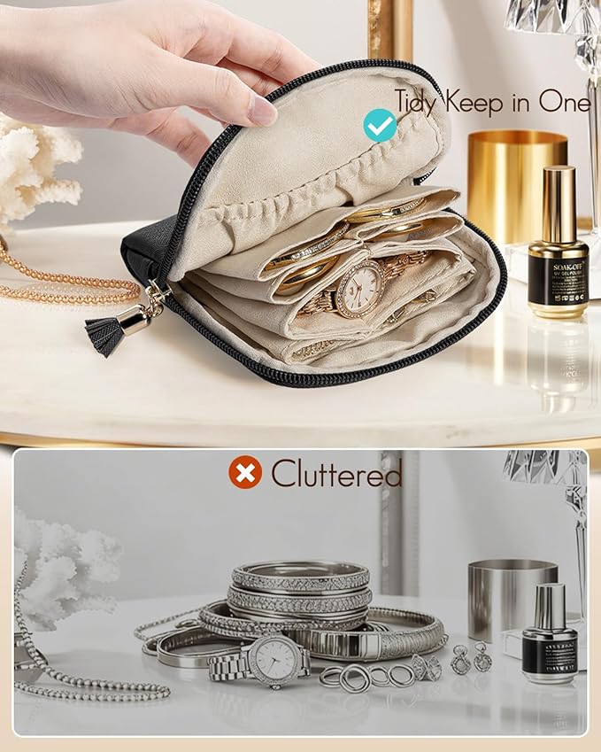VLANDO Mini Jewelry Travel Case,Jewelry Pouch Bags with Zipper, Velvet Jewelry Organizer Storage Bag for Bracelet Rings Earring Travel Essentials Gifts for Women Girl - Black