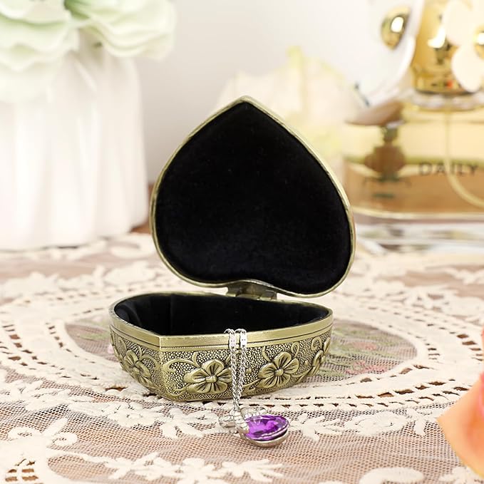 Hipiwe Vintage Heart Shape Jewelry Box - Small Antique Ring/Earrings/Necklace Storage Organizer Case, Metal Treasure Chest Trinket Keepsake Gift Box for Women,Bronze