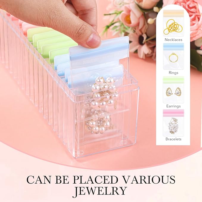 Kenning 42 Pcs Acrylic Jewelry Case Organizer, Clear Jewelry Organizers Holder with Portable Anti Tarnish Storage Bags for Rings, Earrings, Necklaces, Ideal Gifts for Women (Four Color Mixture)