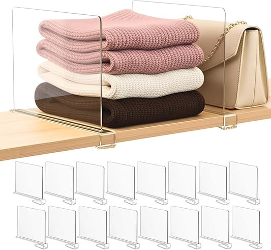 SortNStore Shelf Dividers Purse Organizer for Closet: 16-Pack Acrylic Bag Storage Organizer for Handbags, Clutches, Clothes, Sweater, Towel on Wood Shelves