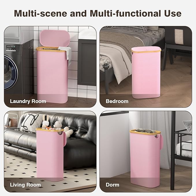 Bathola 75L Slim Laundry Hamper with Lid, Dirty Clothes Hampers for Laundry, Collapsible Laundry Baskets for Small Spaces, Bedroom, Bathroom, Laundry Room, Pink