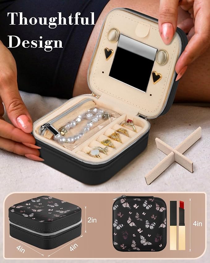 Bistup Travel Jewelry Case - Small Jewelry Organizers and Storage Box for Women Girls Teens Cute Traveling Jewelry Holder Mirror Little Tiny Compact Modern Unique Aesthetic Pretty, Black Butterfly