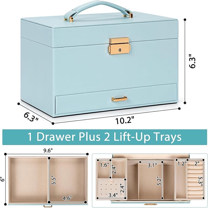 AKOZLIN Travel Jewelry Box Organizer Functional 2-trays Leather Jewelry Storage Case with Lockable Portable Drawer for Women Girls Ring Necklace Earring Bracelet