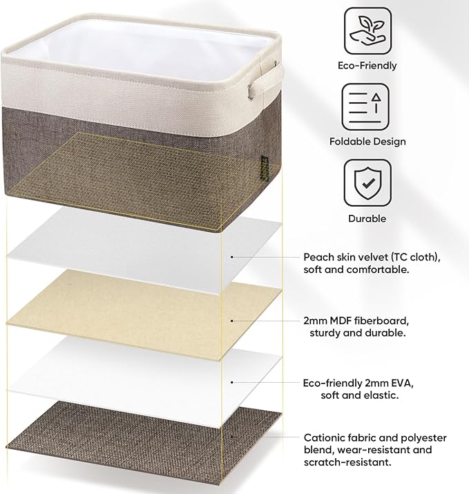 BALEINE 3 Pack Fabric Closet Storage Bins for Shelves, Linen Closet Organizers and Storage, Decorative Baskets for Organizing, Shelf, Clothes, Home, Office (Brown, 15"x11"x9.5")