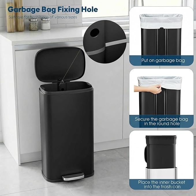 8 Gal Kitchen Trash Can, 30L Recycling or Garbage Bin, Brushed Stainless Steel Waste Basket, Soft&Quiet Close Dustbin, with Step-On Pedal, Removable Inner Bucket, for Home, Office, Living Room