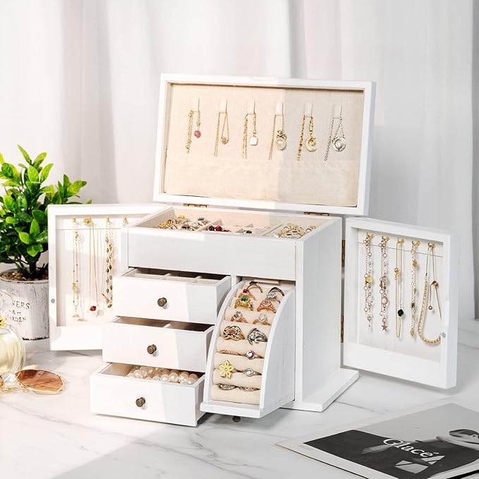 Poyilooo Jewelry Box Organizer, Solid Wood Jewelry Boxes for Women for Storage & Display Necklace Ring Earring Bracelet, Rustic Style Jewelry Organizer Box for Women Gifts (Weathered White)