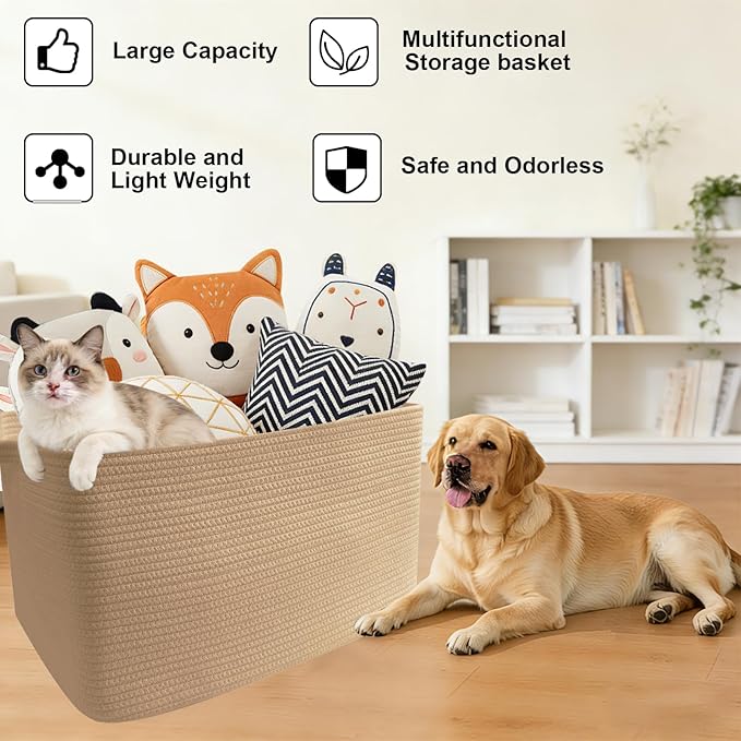 96L Large Blanket Basket,24"x16"x15"Rectangle Storage Bin with Handles,Woven Rope Laundry Basket for Toys, Clothes,Magazines,Home Organization,Nursery,Living Room & Bedroom,Jute