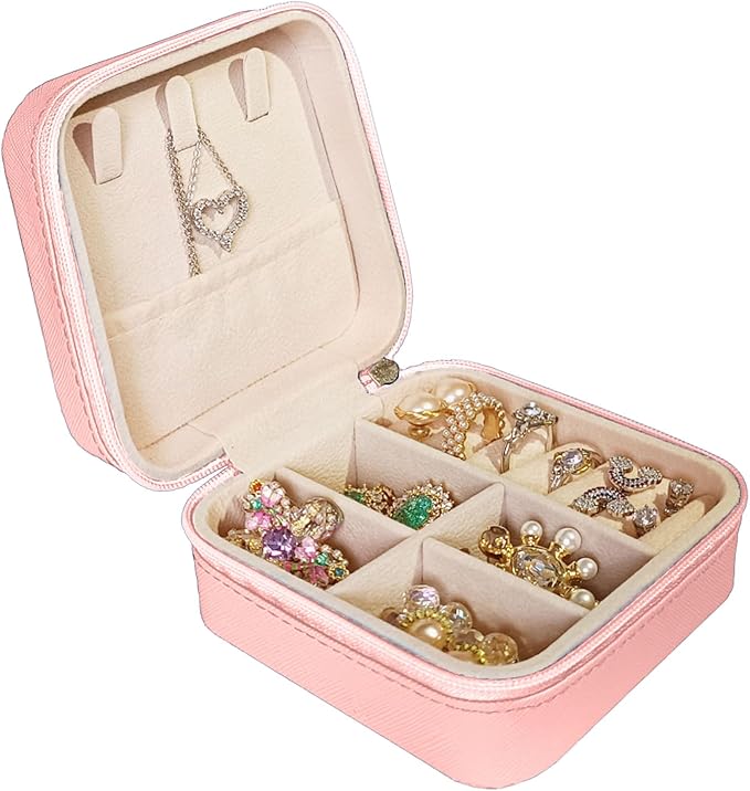 Small Travel Jewelry Box, Portable Mini Jewelry Leather Box Jewelry Ring Organizer Case Storage Holder Gift Boxes for Girls Women, Pink