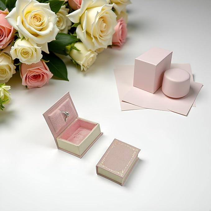 Book Shaped Ring Box - Vintage Engagement Ring Box with Hinged Lid for Proposal Engagement Wedding, Proposal Ring Case -PRB012-Pink