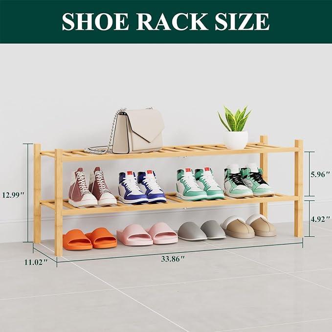 Smiry Shoe Rack, 2 Tier Thick Long Bamboo Shoe Organizer, Stackable Free Standing Wooden Shoe Storage Shelf for Closet, Entryway, Front Door Entrance, Natural