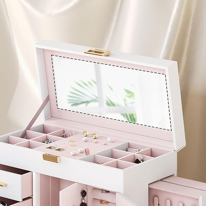 HOOBRO Jewelry Box with Mirror, Jewelry Organizer Box with Capacious Storage Space, Vertical Storage, Glass Cover, Modern Style, White and Light Gold WT06JB04G1