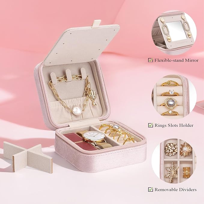 Vlando Small Travel Jewelry Box Organizer Display Case for Rings Earrings Necklaces Storage, Selected Soft Velvet, Letter A Engraved, Pink