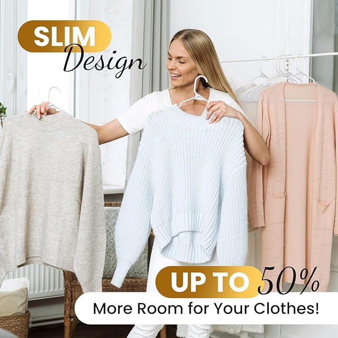 Our Modern Space 50 Pack Adult Plastic Hanger for Shirt Pants Coats Dresses Skirts Suits Jackets - Standard Thick Coat Hanger - Sturdy & Durable Design with Shoulder Grooves Hook - White