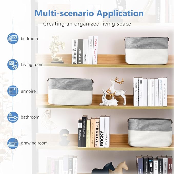 ECDYQXVU Cotton Rope Storage Baskets,15x10x9 in,Foldable Storage Bins, Decorative Woven Basket Cube Storage Organizer for Laundry, Towel, Clothes (White/Grey-3Pack, 15x10x9 inches)