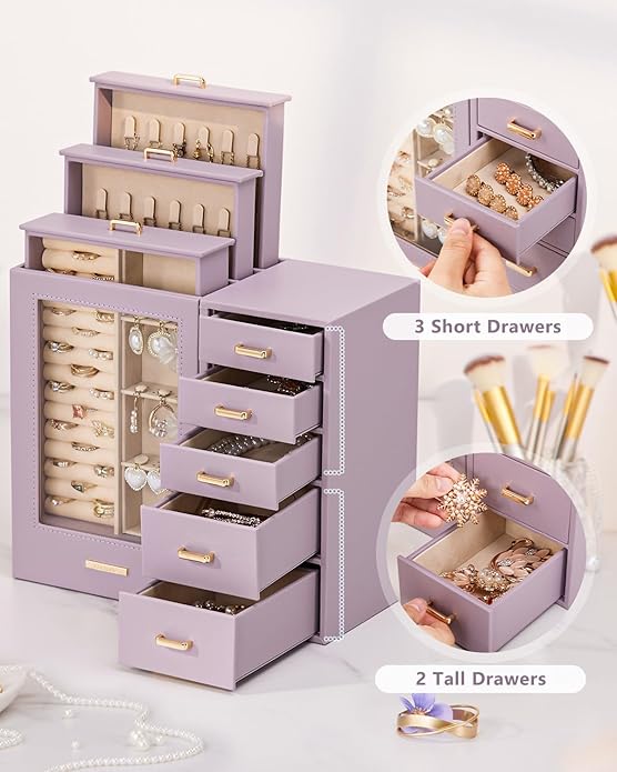 Homde Large Jewelry Box/Organizer/Case with Glass Window, Drawers for Necklaces Earrings Rings Bracelets Watches Gift for Women Girls