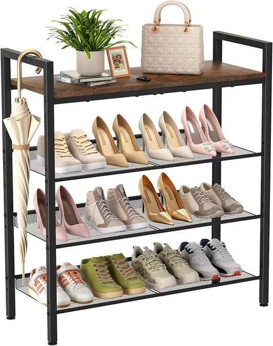 WIN4ALL Shoe Rack for Front Door Entrance, 4 Tier Shoe Rack for Entryway, 12-16 Pairs of Shoes, Metal Shoe Rack Organizer, Free Standing Shoe Rack for Closet (Black+Rustic Brown)