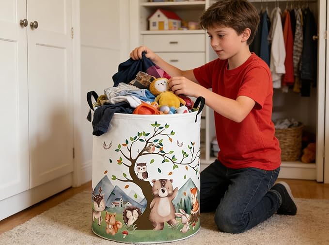 Kids Laundry Basket Animal Hamper for Nursery Woodland Hamper Cute Kids Storage Bin Organizer Room Decor for Home(Tree animal)