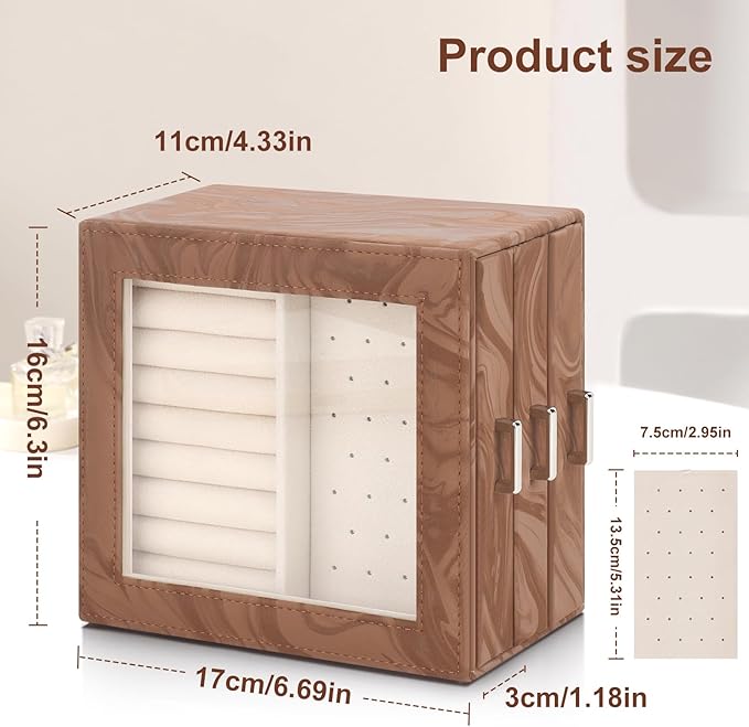 DesignSter Jewelry Box Organizer, Jewelry Box for Women, PU Jewelry Organizer Display Case with Side Drawers, Jewelry Storage for Earring Necklace Ring Bracelet Watch
