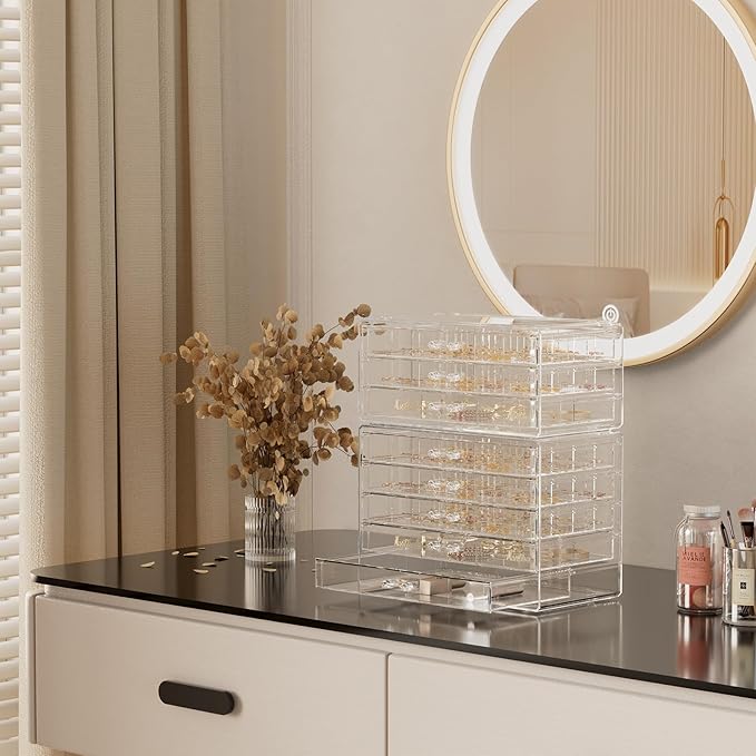 ProCase Acrylic Earrings Holder Organizer Box, Large Clear Earring Jewelry Storage Transparent Stackable Drawers Jewelry Display for Earring Ring Bracelet -Clear, 8 Layers