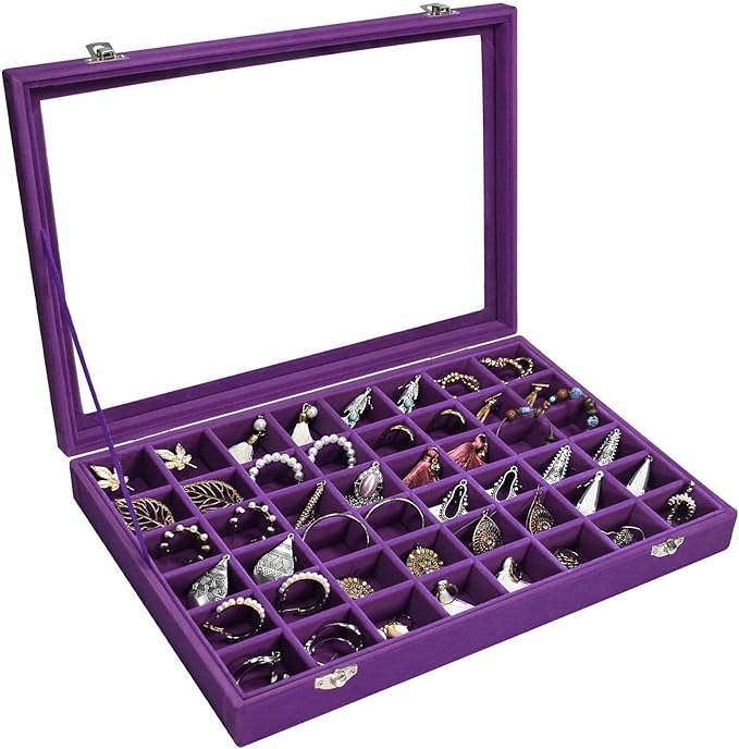 Siveit Velvet Jewelry Tray 48 Grid Jewelry Display Tray Organizer Box with Transparent Lid Rings Earrings Necklaces Pendants Display Box Suitable for Women and Girls (Purple)