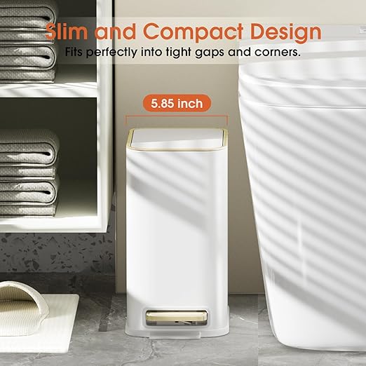 Small Bathroom Trash Can with Lid Soft Close, 5L / 1.3 Gallon Slim Garbage Can with Removable Inner Bucket, Step Stainless Steel Trash Bin for Office, Bathrooms, Bedroom, Living Room (White)