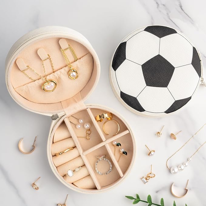 6 Pack Soccer Travel Jewelry Case Round Black and White Soccer Stuff Portable Jewelry Organizer Storage Case for Christmas Graduation Sports Team Club