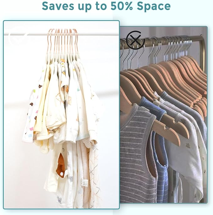 Tonswachic 50-Pack 11 Inch Baby Closet Hangers with 10 Clips - Soft Velvet Non-Slip Hangers for Infant & Toddler Clothes (Beige)