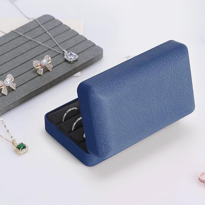 KUKUVR Velet Ring Storage Box - Multiple Rings, Travel Jewelry Case, 3 Slot Portable Ring Display Organizer (Blue)