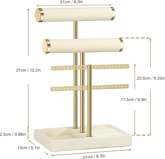 bussdis 3 Tier Bracelet Holder Display - Detachable T Bar Beige Velvet Bracelet Holder, Jewelry Holder Organizer for Bracelet, Necklace, Earrings, Rings