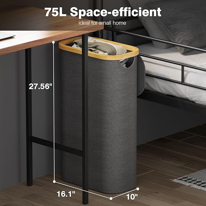 Bathola 75L Slim Laundry Hamper with Lid, Dirty Clothes Hampers for Laundry, Collapsible Laundry Baskets for Small Spaces, Bedroom, Bathroom, Laundry Room, Dark Grey