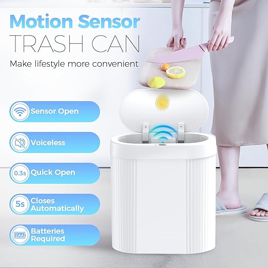 jinligogo 5 Gallon Bathroom Trash Can with Lid, Automatic Motion Sensor White Trash Can, Touchless Slim Waterproof Garbage Bin for Kitchen, Bedroom, Office, and Bathroom