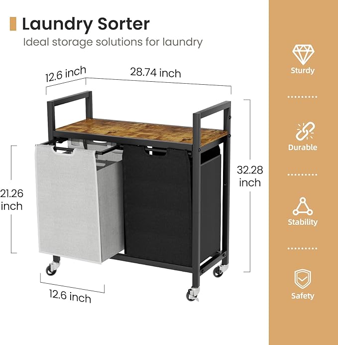 SwaaVee Laundry Hamper, Laundry Basket, Laundry Sorter with 2 Removable Bags, Clothes Basket with 2 Compartments, Wheels, Shelf for Laundry Room Bathroom Bedroom (2 Bags-Black Grey)