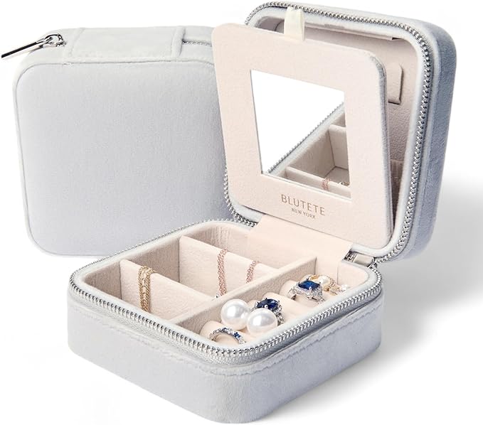 BLUTETE Travel Jewelry Box Organizer Velvet Travel Case With Mirror Rings Earrings Necklaces Storage Organizer Box (Milky Grey)