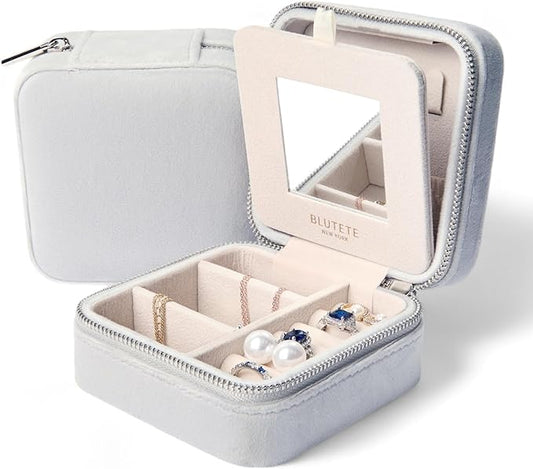 BLUTETE Travel Jewelry Box Organizer Velvet Travel Case With Mirror Rings Earrings Necklaces Storage Organizer Box (Milky Grey)
