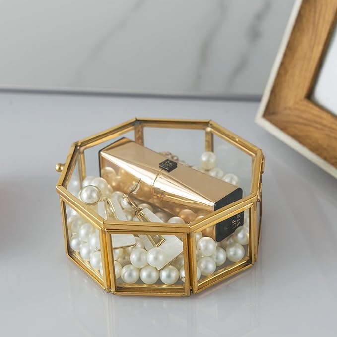 Glass Vintage Jewelry Box, Golden Geometric Jewelry Display Organizer Box Vanity Lidded Box Home Decor Accent Decorative Box for Storage Trinket Rings Bracelet