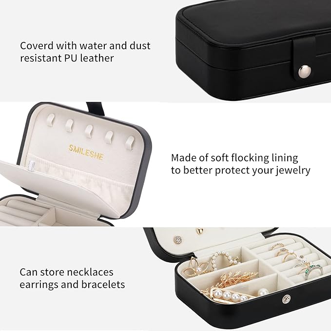 Smileshe Jewelry Box, PU Leather Small Portable Travel Case, 2 Layers Organizer Display Storage Holder Boxes for Rings, Earrings, Necklaces, Bracelets