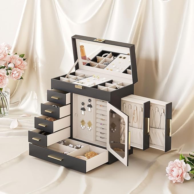 HOOBRO Jewelry Box with Mirror, Jewelry Organizer Box with Capacious Storage Space, Jewelry Holder Organizer, Hand-Held Jewelry Case, Glass Cover, Modern Style, Black and Light Gold BK06JB04G1