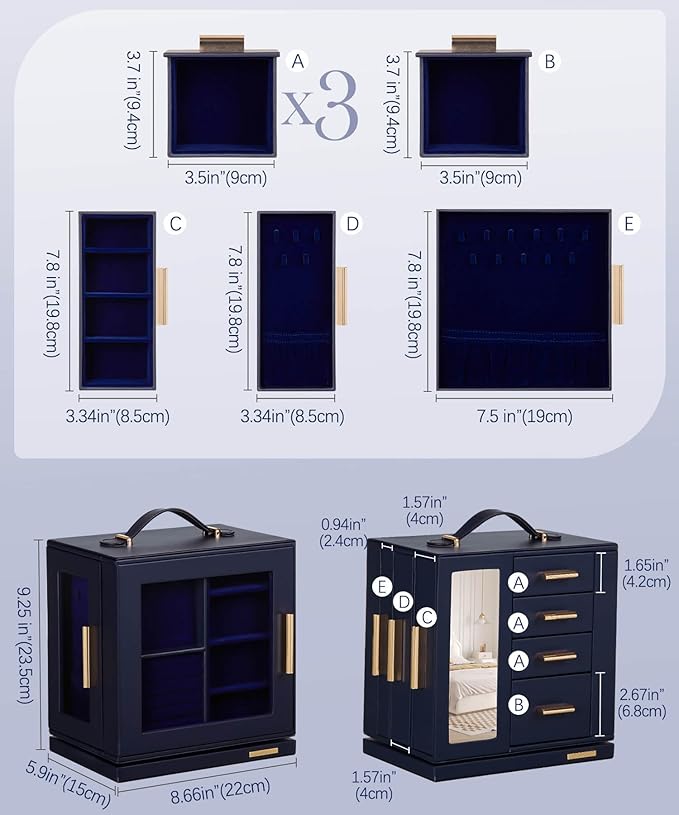 Homde Mothers Day Gifts Jewelry Box for Women Large: Rotating Organizer for Ring Earring Necklace Bracelet - 7 Drawers Storage for Dresser (Dark Blue)