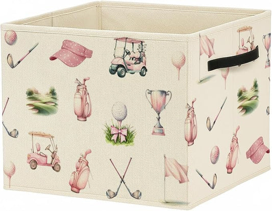 Pink Bow Golf Storage Bin Box with Handles, Golfers Golf Lovers Gifts Foldable Baskets Organizer for Girls Room Nursery Bathroom Home Sports Room Clothes Toys Books, Toybox for Girls