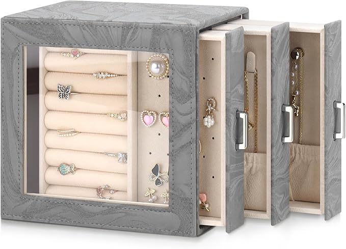 DesignSter Jewelry Box Organizer, Jewelry Box for Women, PU Jewelry Organizer Display Case with Side Drawers, Jewelry Storage for Earring Necklace Ring Bracelet Watch