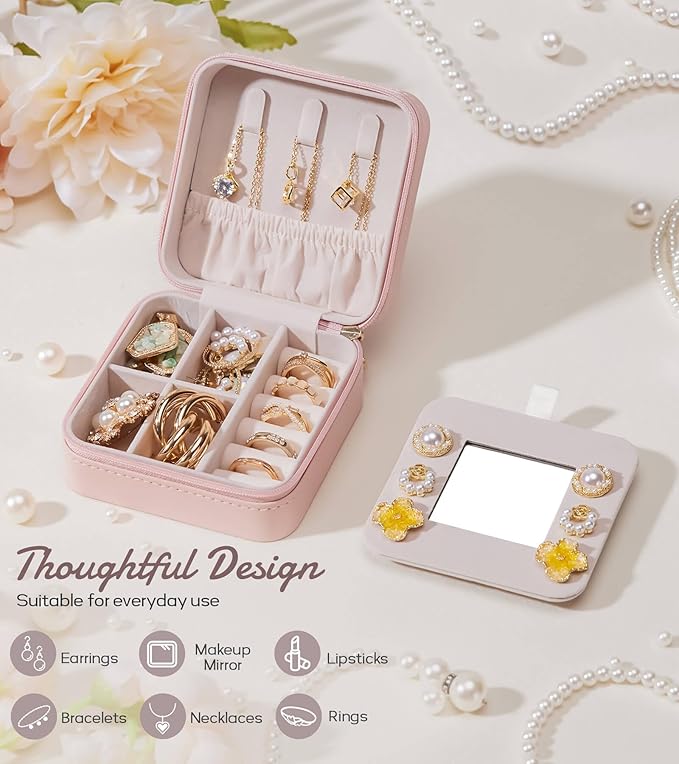 Enthralite Travel Jewelry Box for Girls: Traveling Jewelry Case Gift for Women - Mini Organizer for Necklaces Earrings Pink L