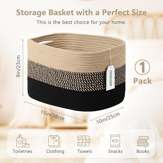 ECDYQXVU Cotton Rope Storage Basket, 15x10x9 Inches, Woven Basket for Shelves, Clothes, Towels, Books, and Laundry, Gradient Black/Brown (1 Pack)