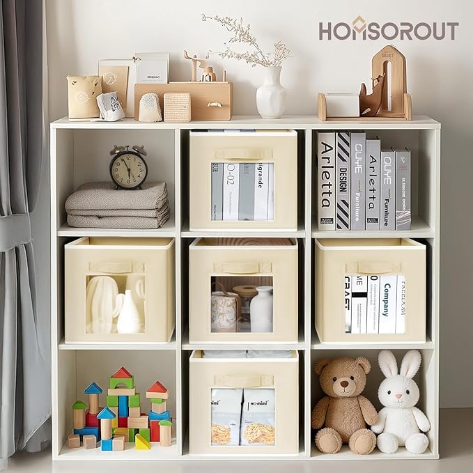 Homsorout Storage Cube 11 Inch - Cube Storage Bins with Window, Closet Storage Baskets with Handle, Fabric Bins for Closet, Shelves, Toys, Clothes, Set of 14, Beige